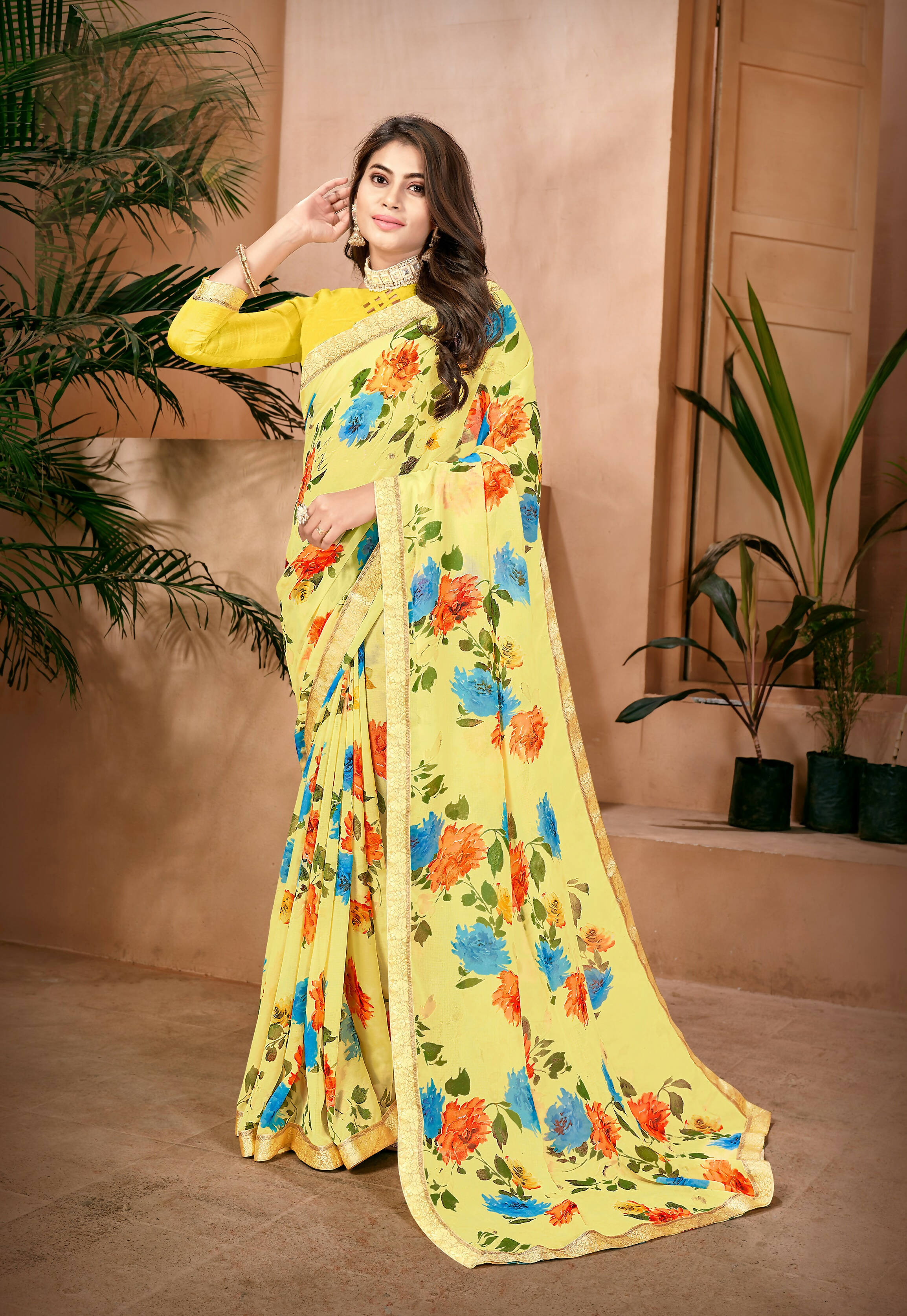 Yellow Georgette Floral Printed Saree With Unstitched Blouse Piece - Jyoti | Grocsy