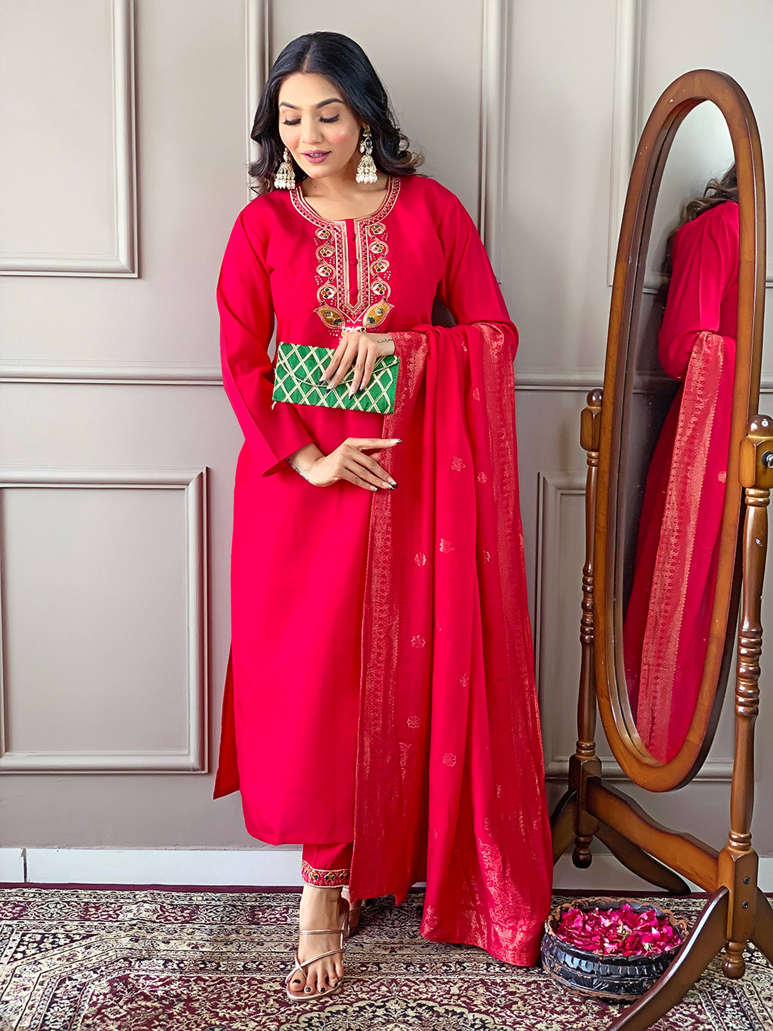 Partywear Designer Viscose Chanderi Red Stitched Suit With Dupatta - Anbazaar | Grocsy