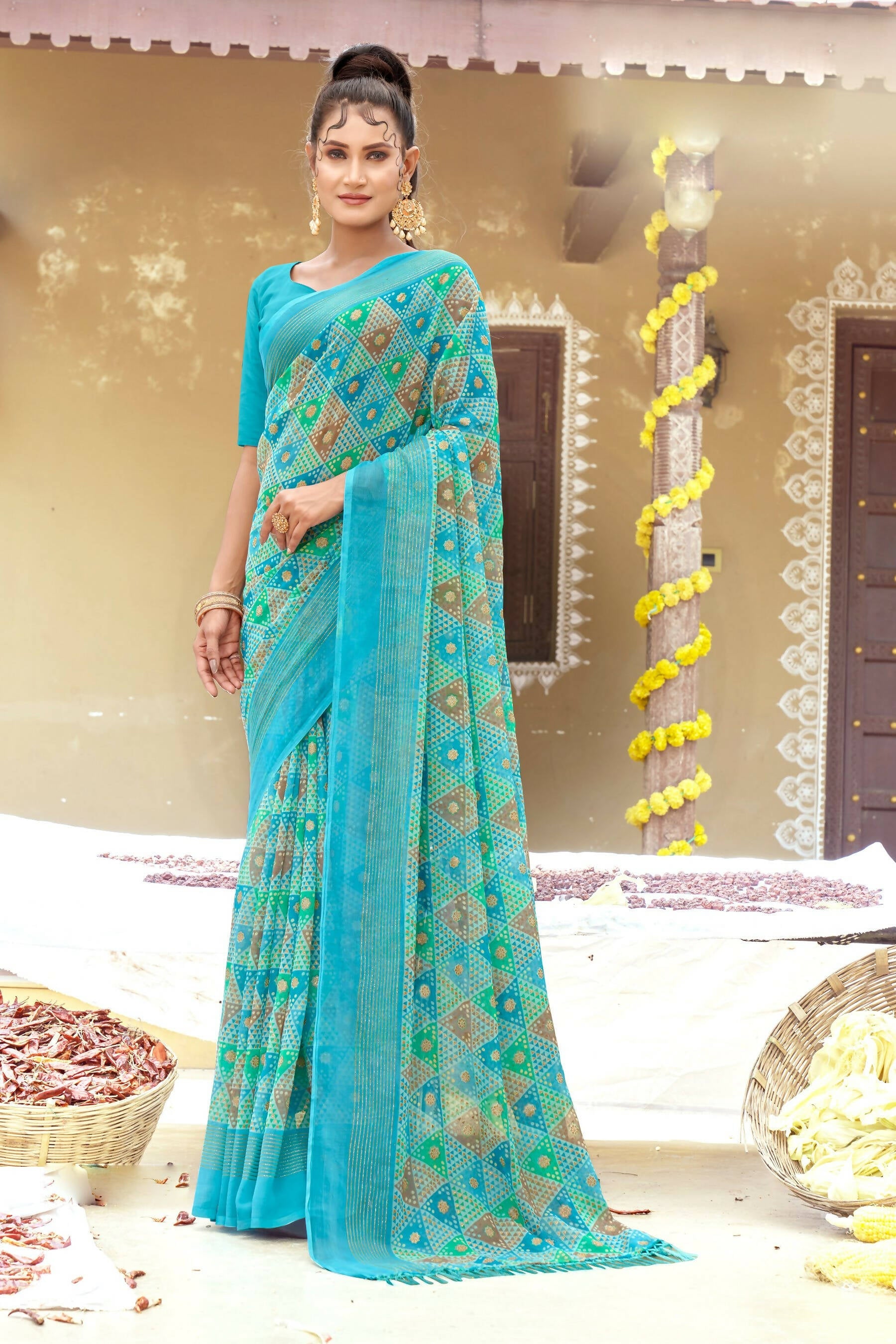 Sky Blue Chiffon Printed Ivory Print and Zari work Saree with Unstitched Blouse Piece - Shanaya | Grocsy
