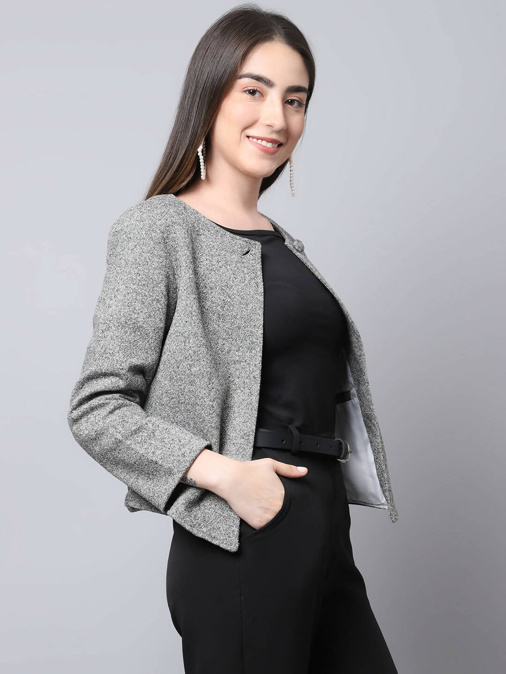 Even Apparels Grey Pure Wool Open Front Statement Women's Jacket | Grocsy