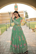 Jyoti Fashion Women's Green Digital Print with Sequence Zari Embroidered Faux Georgette Anarkali Dress | Grocsy