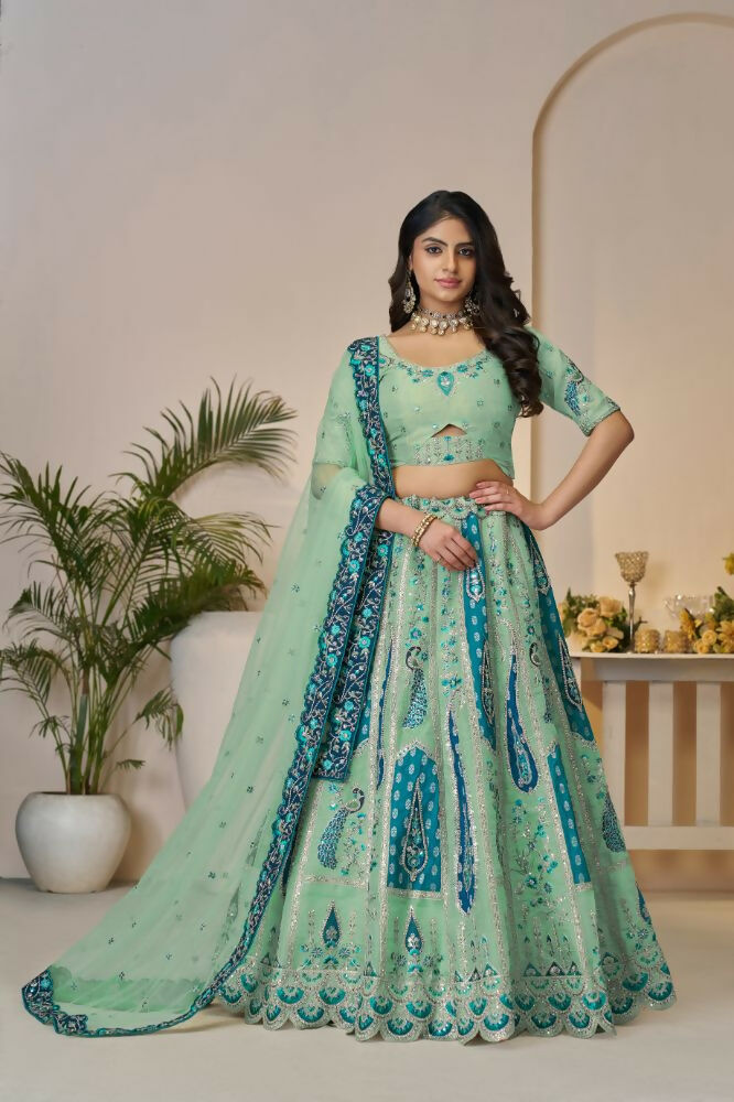 Kesar Fab Sky-Blue Banarasi Silk Embroidered Lehenga | Grocsy