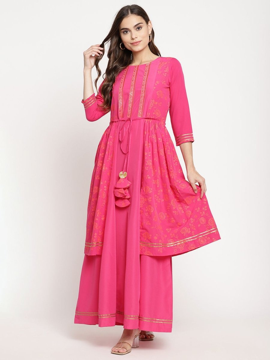 Ahalyaa Dark Pink Crepe Khari Print Dress For Women | Grocsy