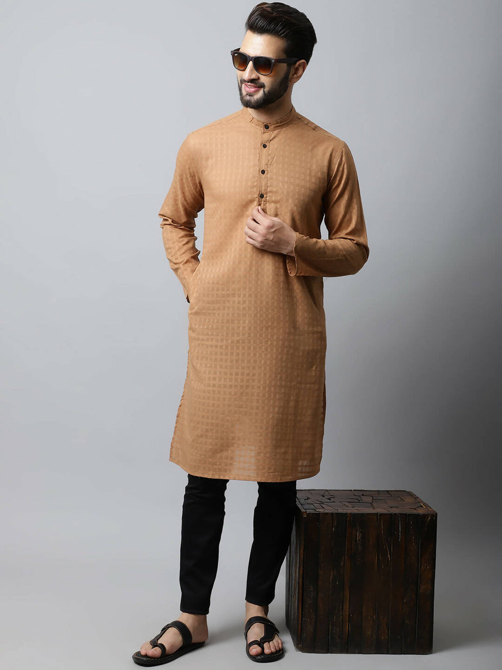 Even Apparels Brown Color Pure Cotton Men's Kurta With Band Collar (CHK1200) | Grocsy
