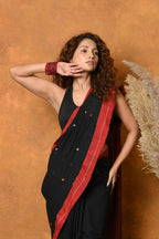 Very Much Indian Pure Cotton Handloom Saree with Buttis & Sleek Border - Black | Grocsy