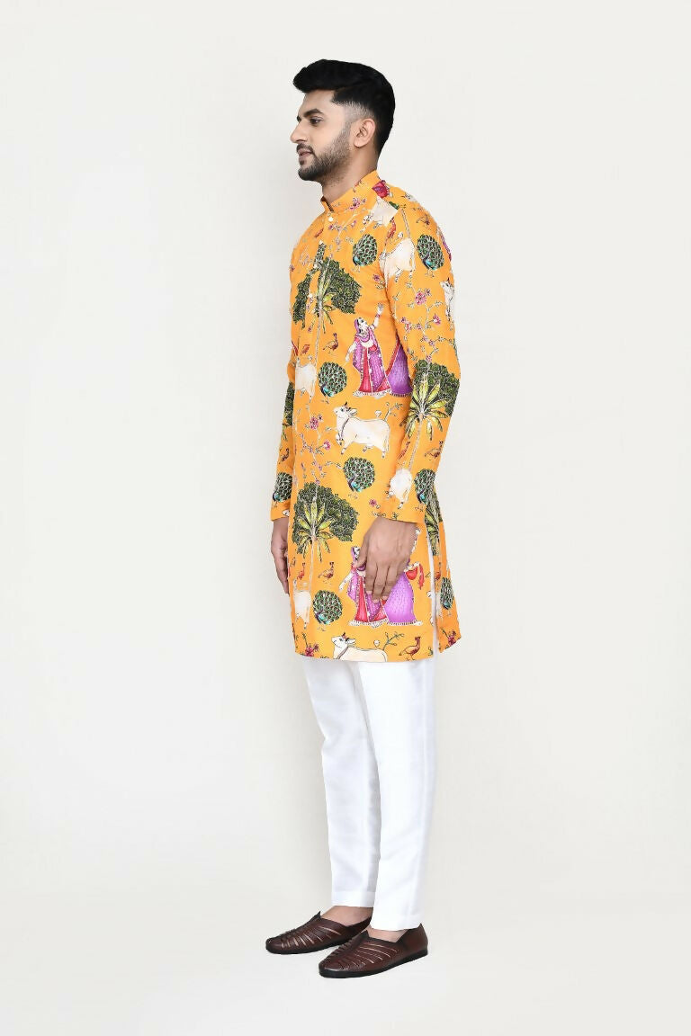 Joban Fashion White Colored Rayon Based With Modal Hand Print Work Fabric Kurta,Straight Fit Pant | Grocsy
