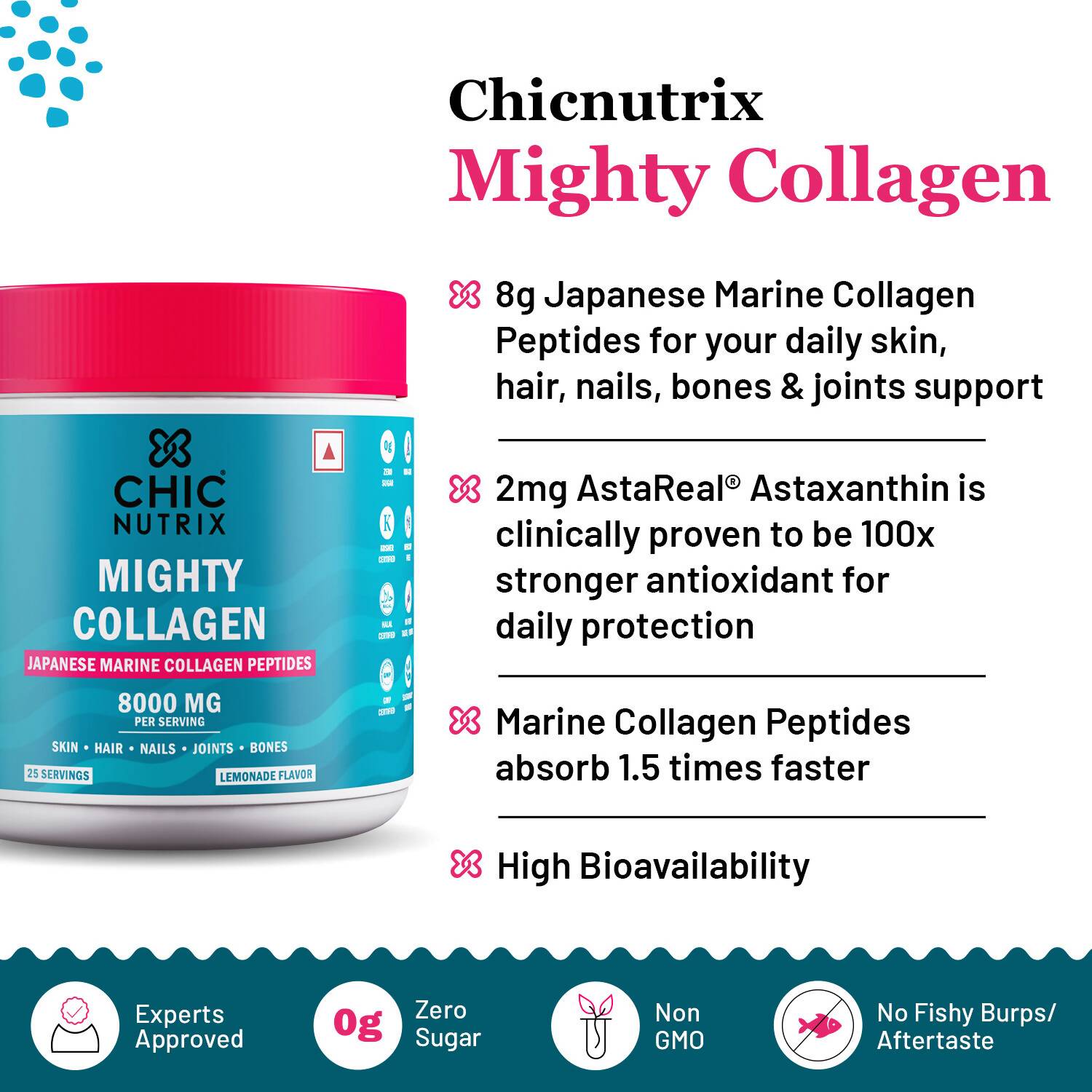 Chicnutrix Mighty Collagen Japanese Collagen Powder For Skin, Hair, Nails & Joints - Lemonade Flavor | Grocsy