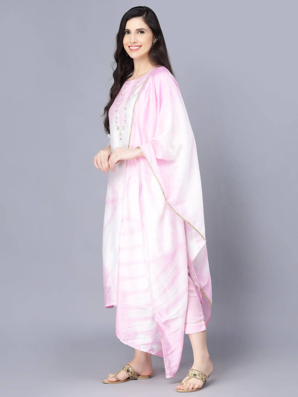 Myshka Women Pink Striped Empire Kurti with Trousers With Dupatta | Grocsy