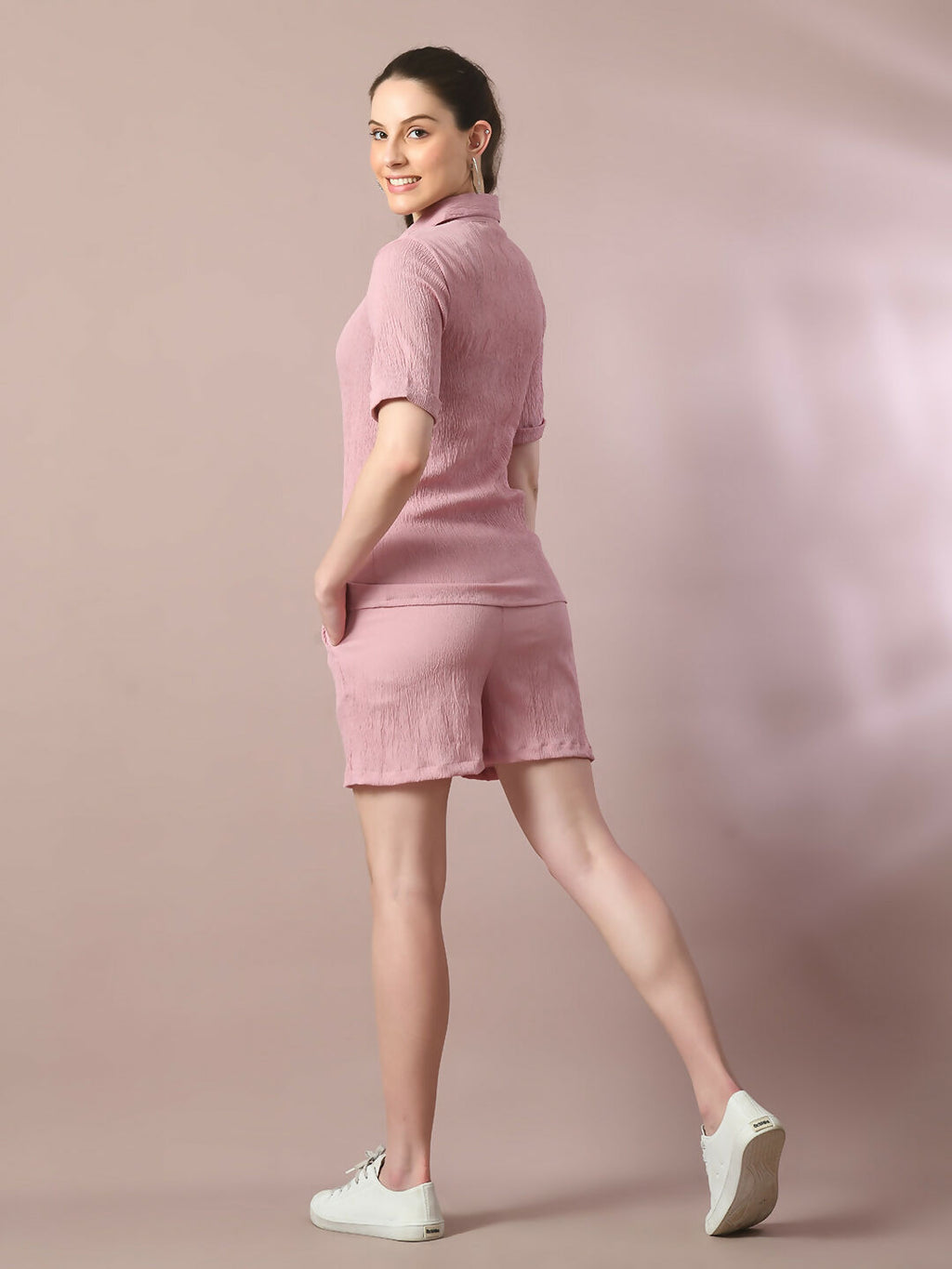 Myshka Women's Pink Solid Shirt Collar Party Shirt With Shorts Co-ord set | Grocsy