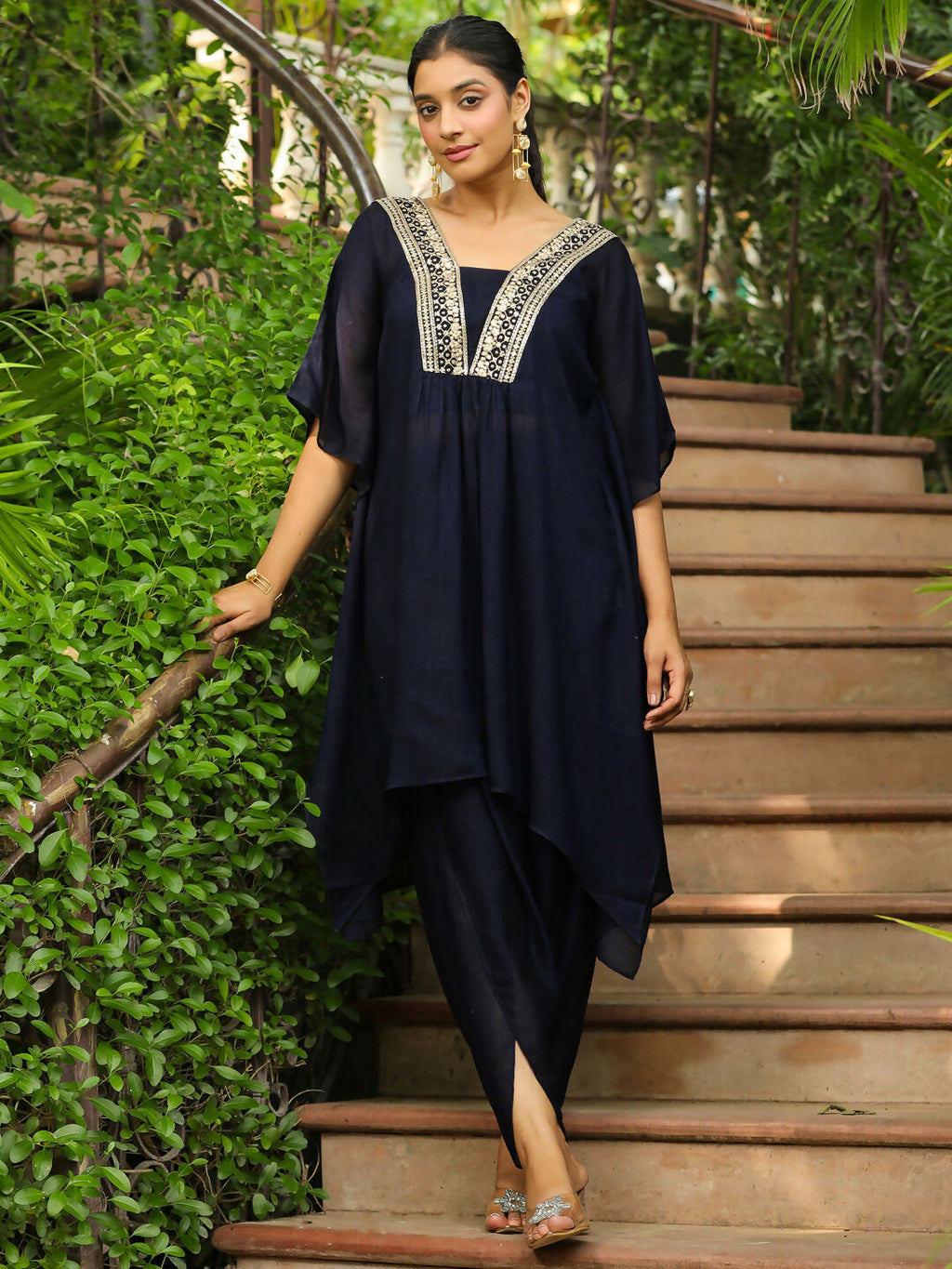 Janasya Navy Blue Silk Blend Yoke Embroidery Co-Ords | Grocsy