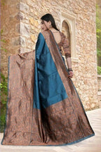 DEIANA'S Beautiful Designer Golden zari Soft Lichi Silk Saree - Teal | Grocsy