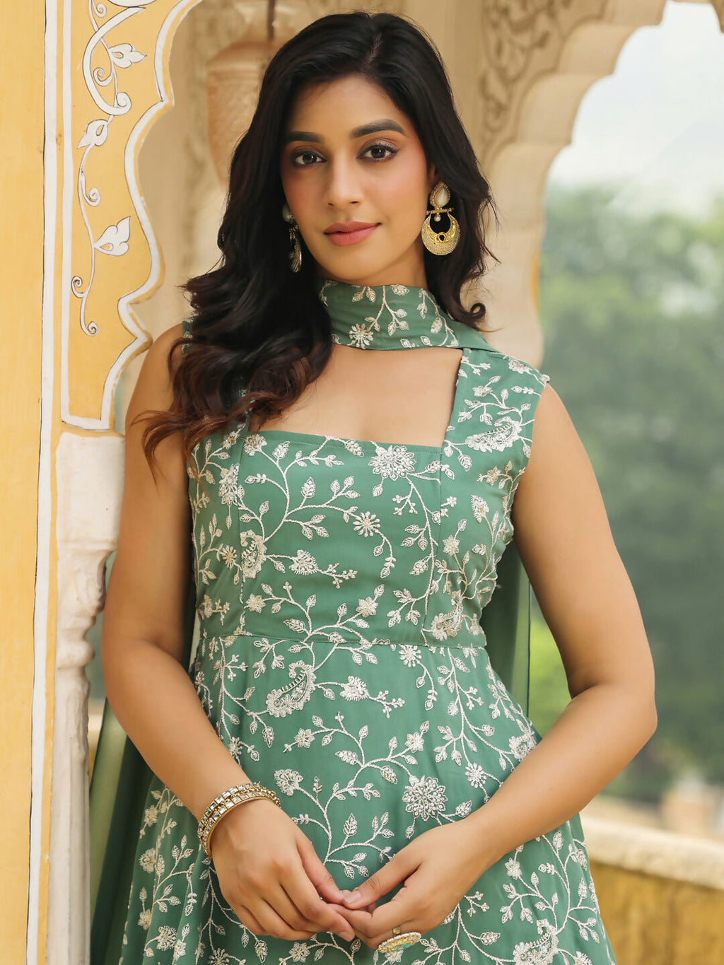 Janasya Sage Green Georgette Embroidered Kurta,Bottom & Dupatta | Grocsy