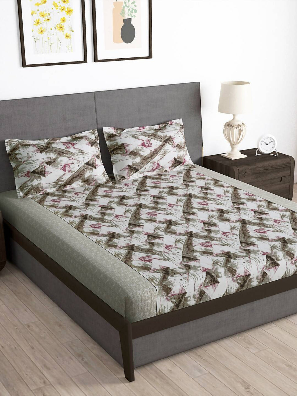 Story@home Brown & Pink Abstract Microfiber 180 TC Bedsheet With Pillow Cover | Grocsy