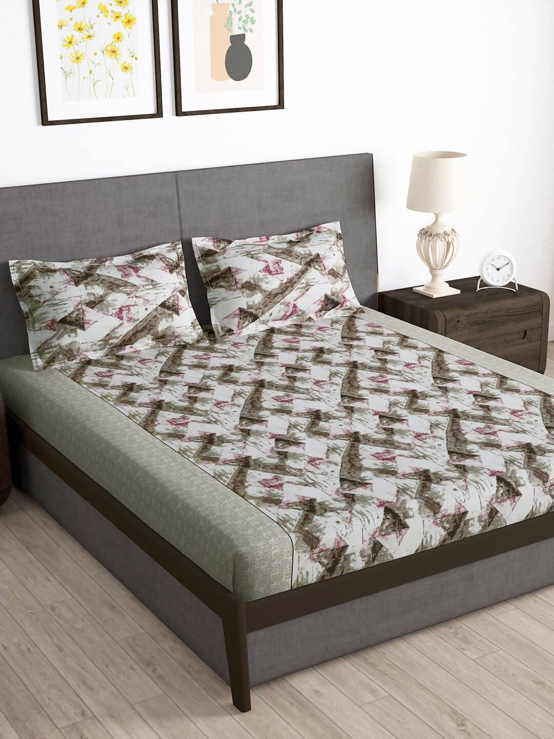 Story@home Brown & Pink Abstract Microfiber 180 TC Bedsheet With Pillow Cover | Grocsy
