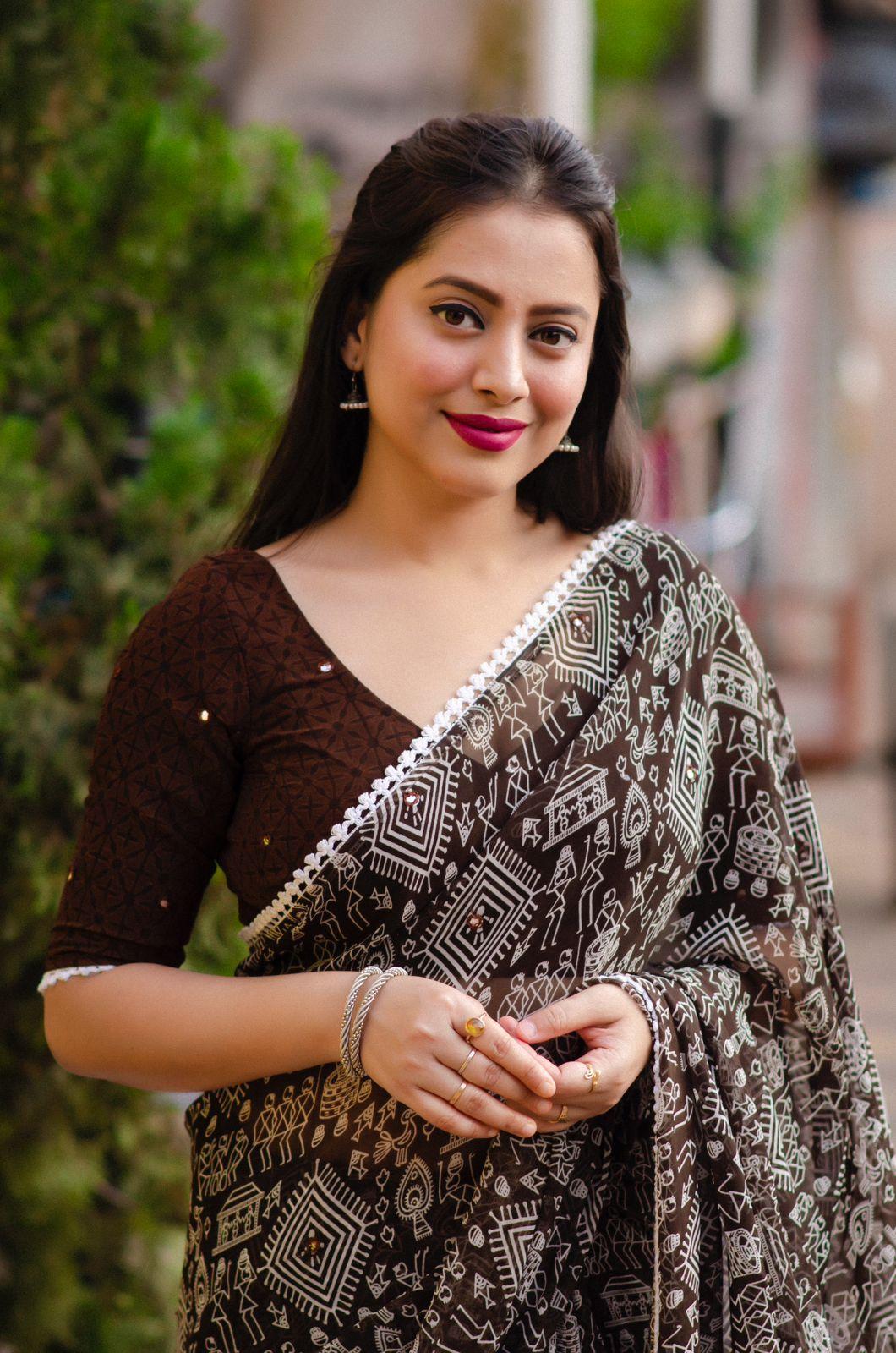 Coffee Poly Georgette Ethnic Motifs Saree with Unstitched Blouse - A2M | Grocsy