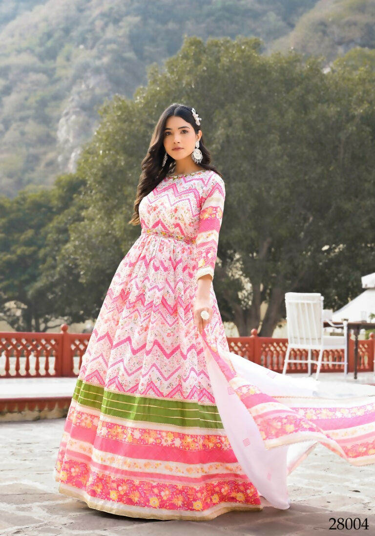 Wedding Designer Multi Soft Dola Silk Anarkali suit with Dupatta - Sanj | Grocsy