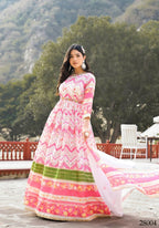 Wedding Designer Multi Soft Dola Silk Anarkali suit with Dupatta - Sanj | Grocsy