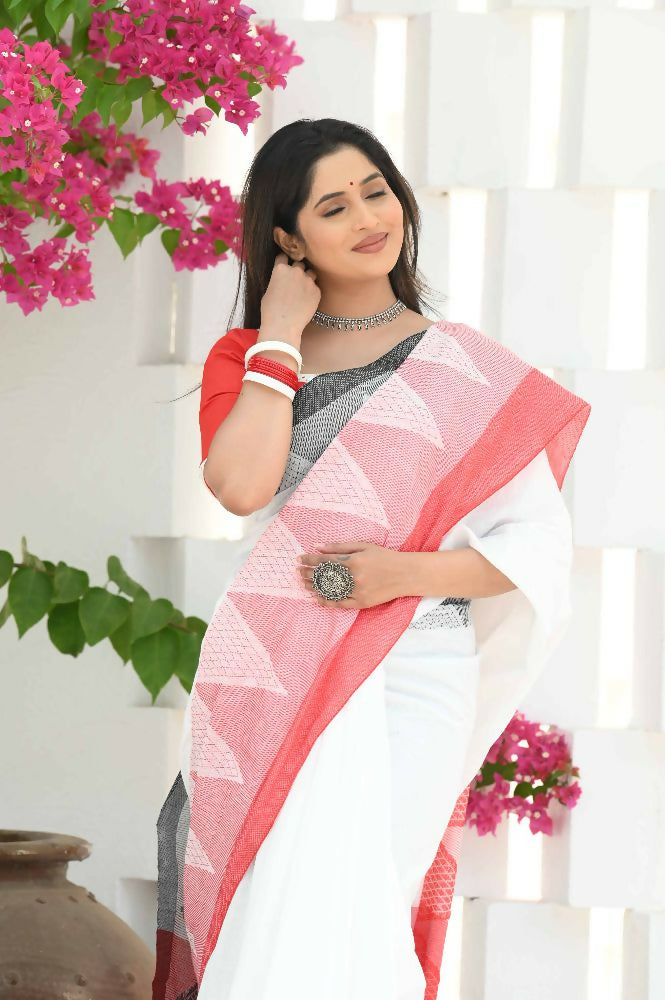 Beatitude Cream Temple Border Cotton Saree | Grocsy