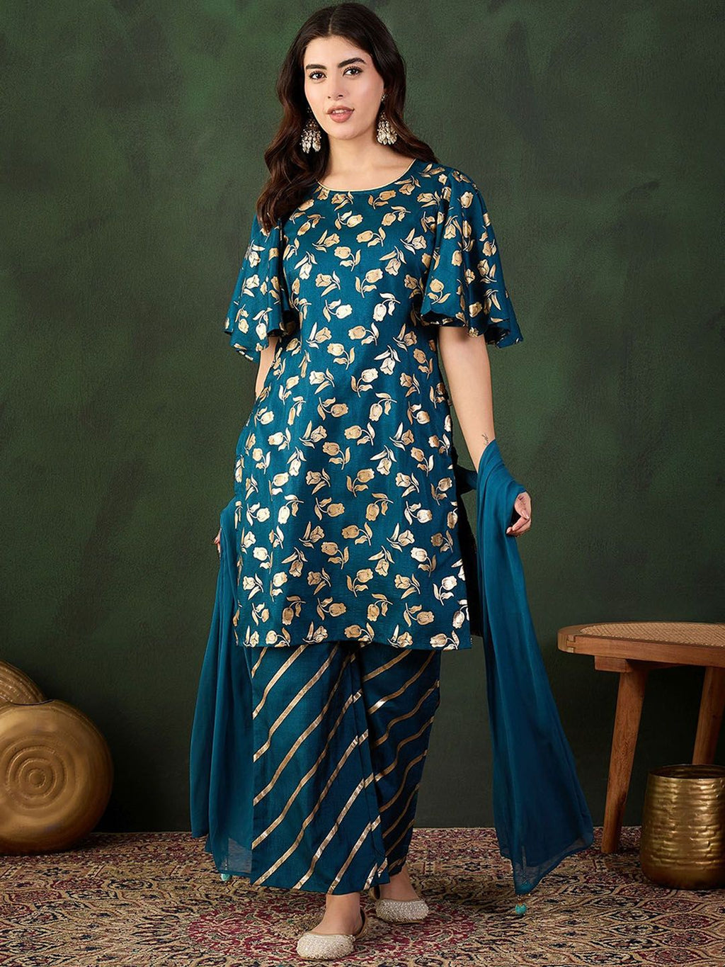 Sangria Embroidered Kurta & Palazzo With Dupatta | Grocsy