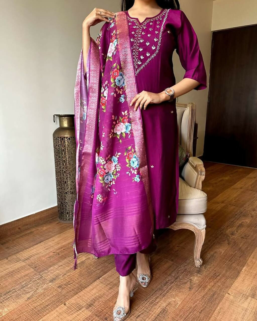 The52 Wine Women's Gorgeous Embroidered Rayon Fabric Straight Kurta Pant with Dupatta Set | Grocsy