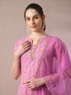 Myshka Women's Pink Printed Cotton Straight Party Kurta Set With Dupatta | Grocsy
