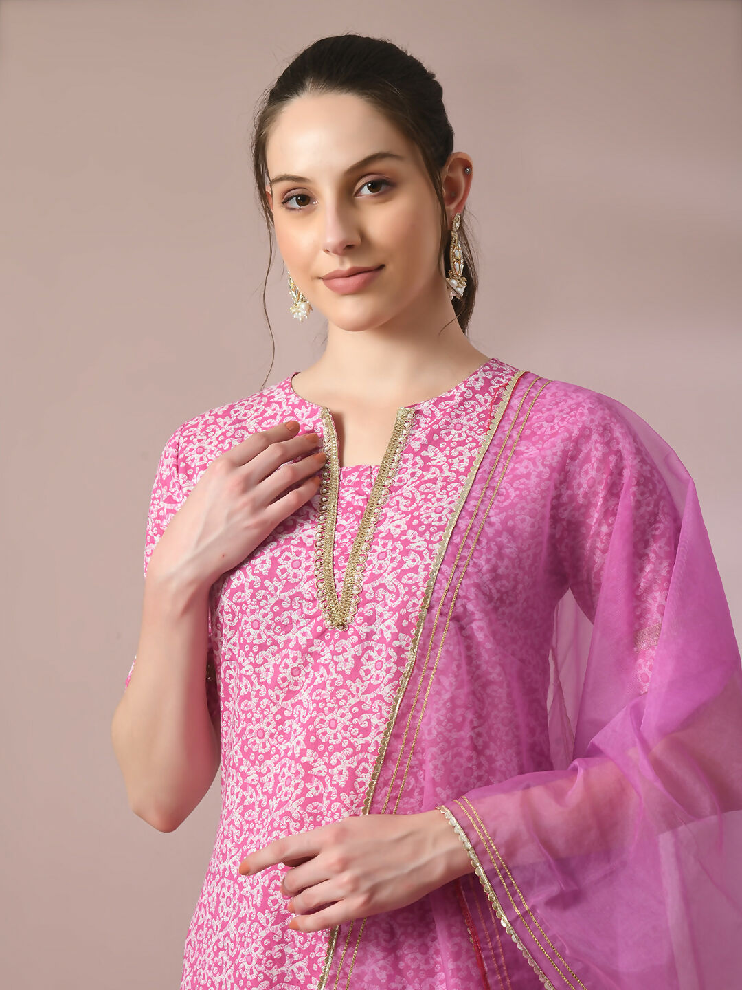 Myshka Women's Pink Printed Cotton Straight Party Kurta Set With Dupatta | Grocsy