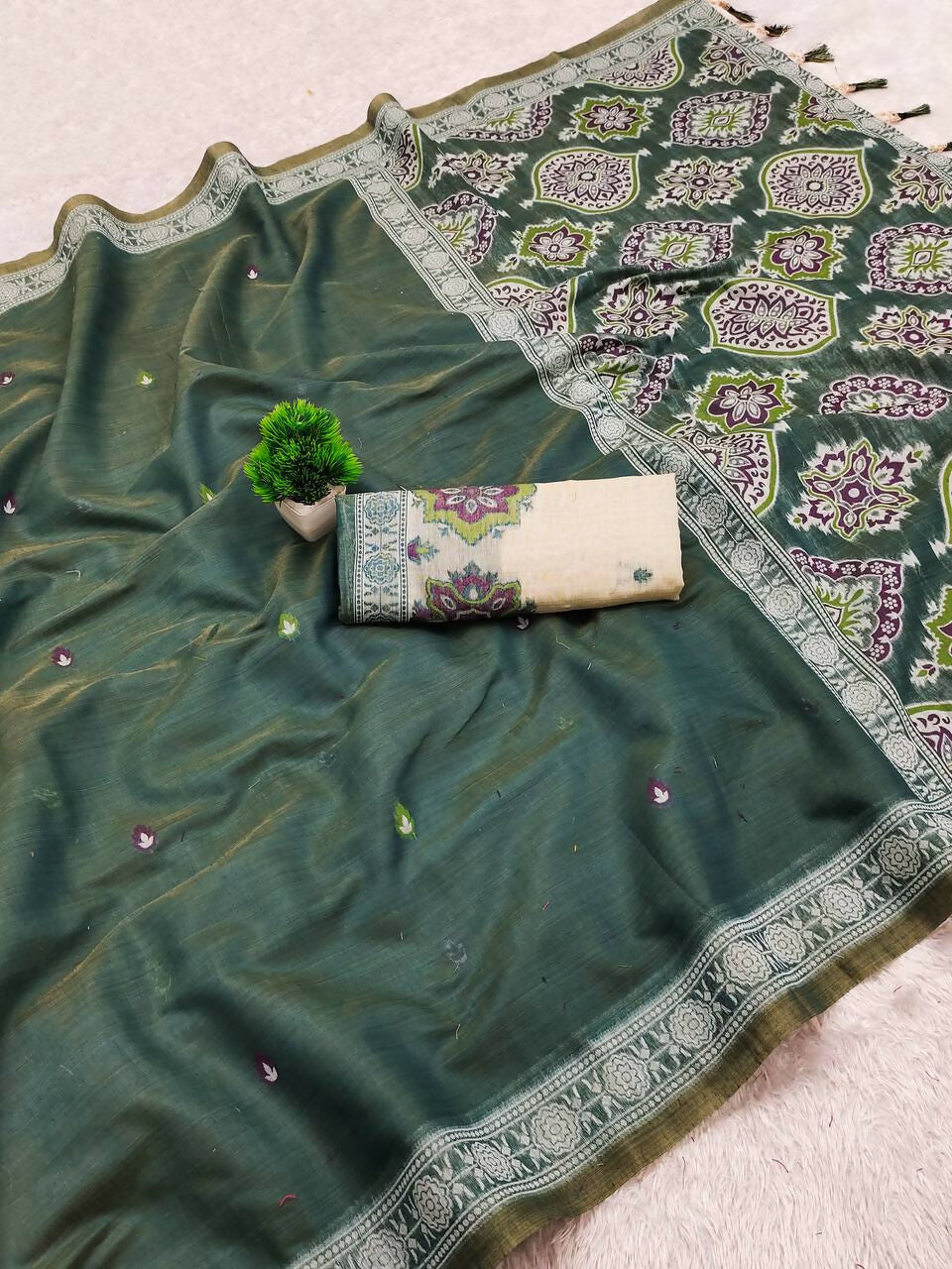 Vastranavya Morpeach Muga Cotton Meenakari & Azarakh Pallu Saree with Contrast Blouse | Grocsy