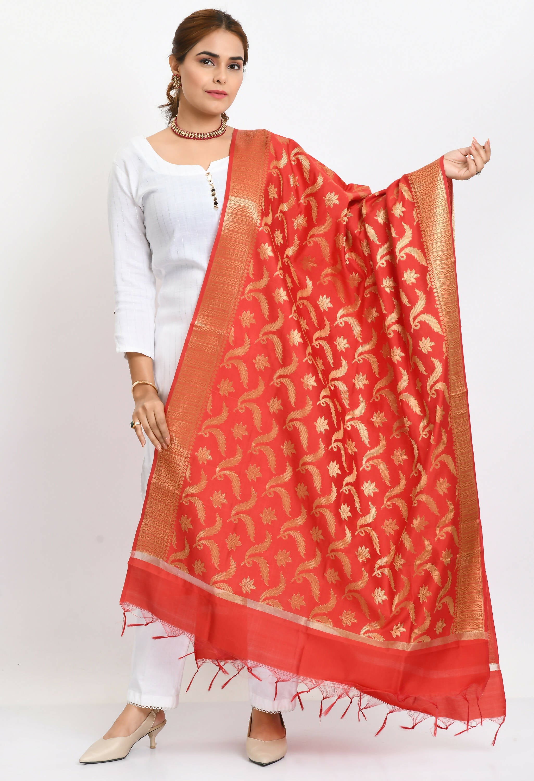 Mominos Fashion Moeza Women's Banarsi Silk Floral Woven Design Red Dupatta | Grocsy