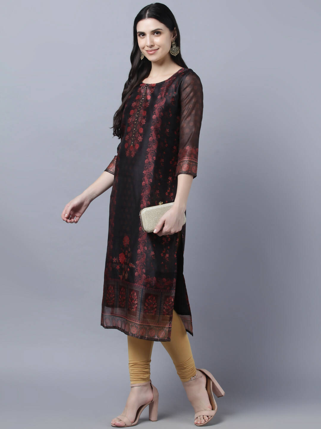 Myshka Women Black Red Floral Printed Chanderi Silk Kurta | Grocsy