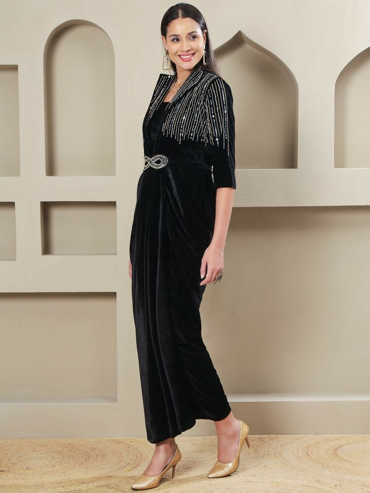 Joban Fashion Women Black Velvet Hand Embellishment Stitched Dress | Grocsy