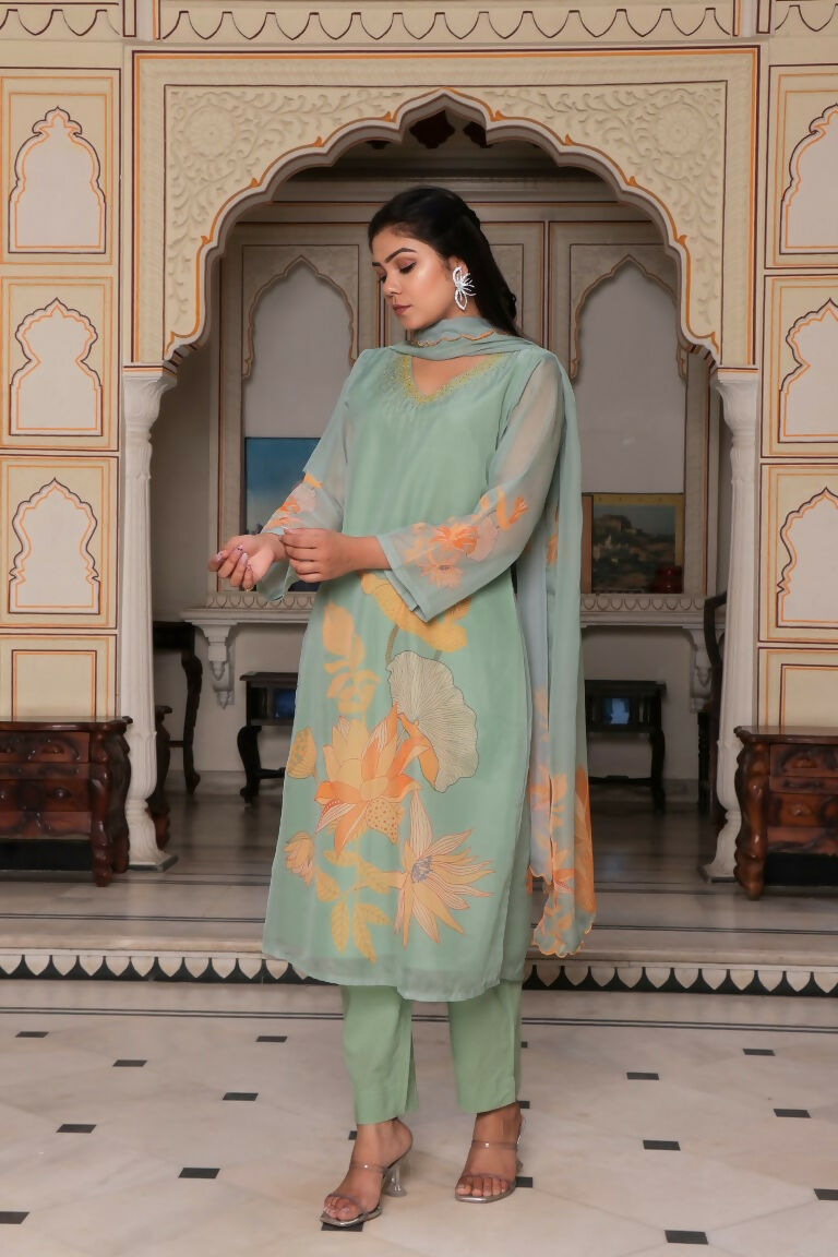 Vaasva Women Teal Green Tabby Slik Print & Embroidered Kurta, Pant & Dupatta set | Grocsy