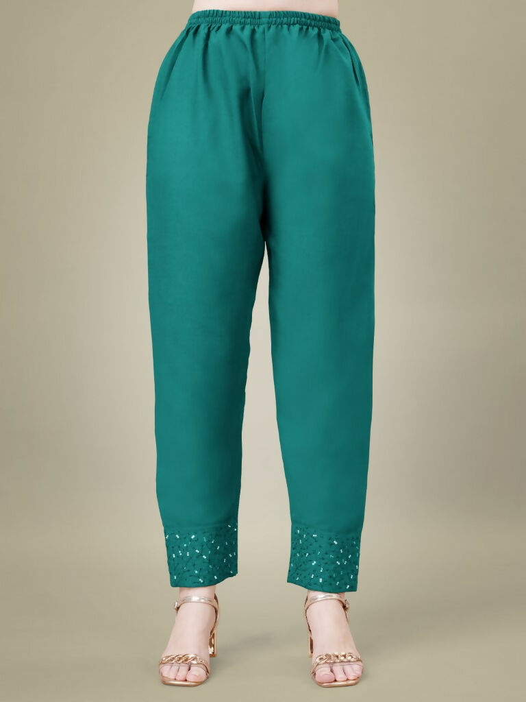 Jyoti Fashion Women's Teal Cotton Blend Embroidery & Sequence work Kurta with Trouser & Dupatta | Grocsy