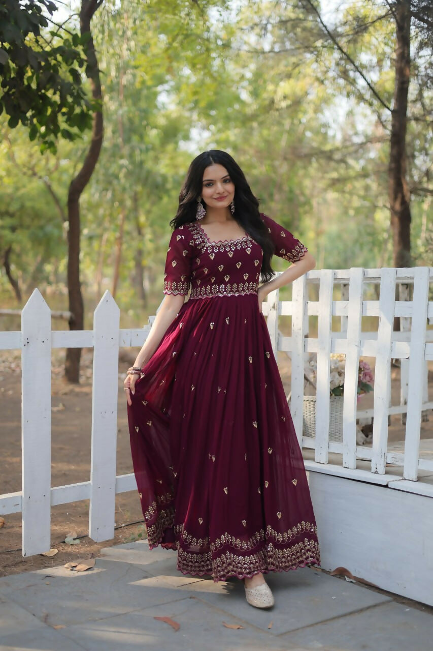 Vastranavya Premium Designer Faux Blooming with Embroidery Zari Sequins work Gown - Maroon | Grocsy