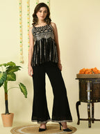 Myshka Women's Black Georgette Top With Palazzos Party Sets | Grocsy