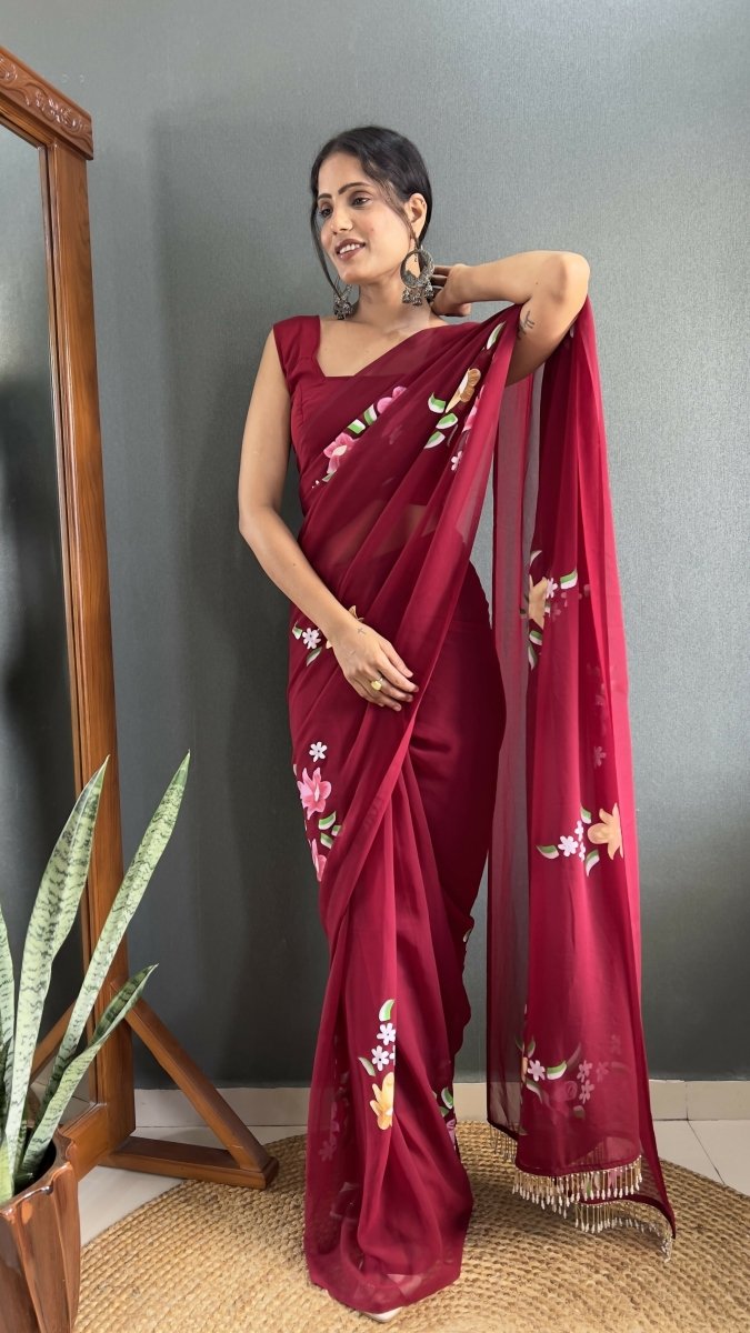 Aayaa Designer 1 min Hand Painted Ready to Wear saree - Maroon | Grocsy