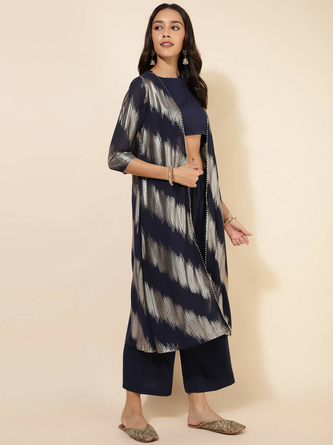 Janasya Women's Dark Blue Crepe Foil Printed Festive Crop Top Set | Grocsy