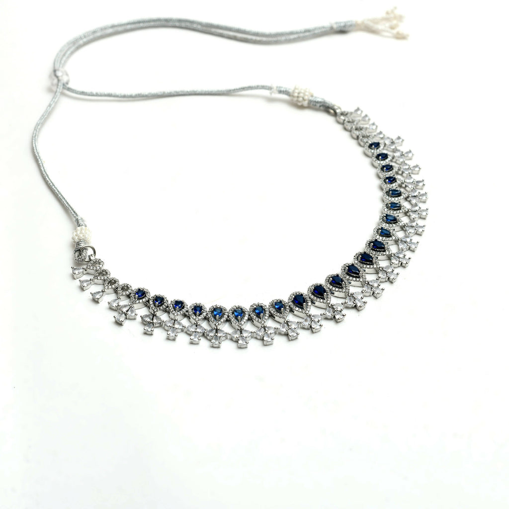 Mominos Fashion Johar Kamal Silver-Plated American Diamond Silver Blue Choker Set | Grocsy