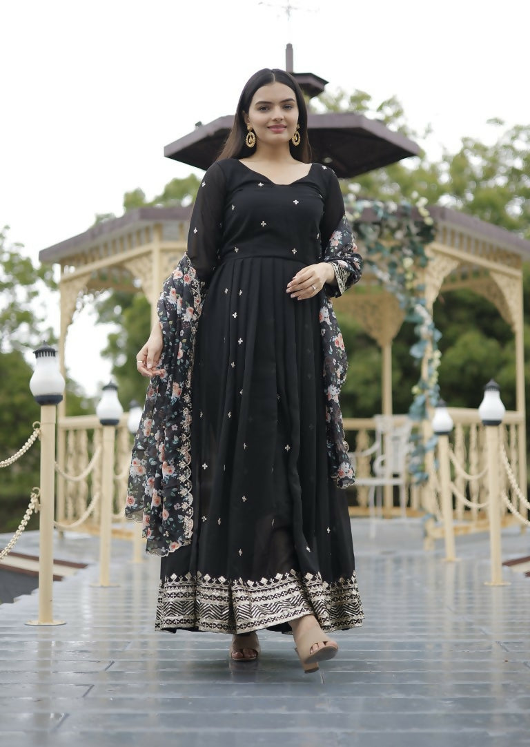 Jyoti Fashion Women's Black Faux Blooming Sequins with Zari Embroidery Anarkali Dress with Dupatta | Grocsy