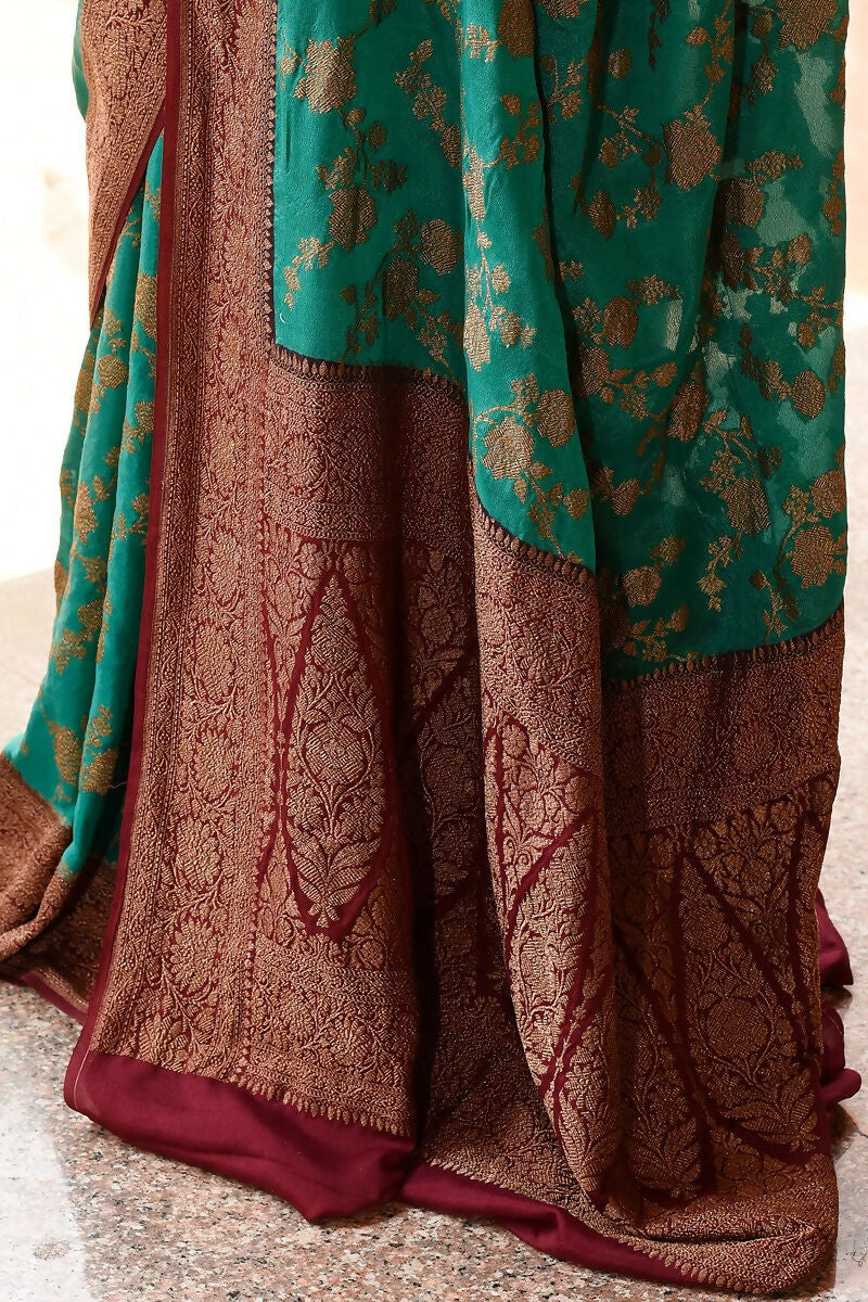 Joban Fashion Teal Green Crepe Chiffon Pure Handloom Banarasi Silk Saree | Grocsy