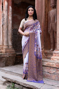 Joban Fashion Shade Of Orchid Crepe Chiffon Pure Handloom Banarasi Silk Saree | Grocsy