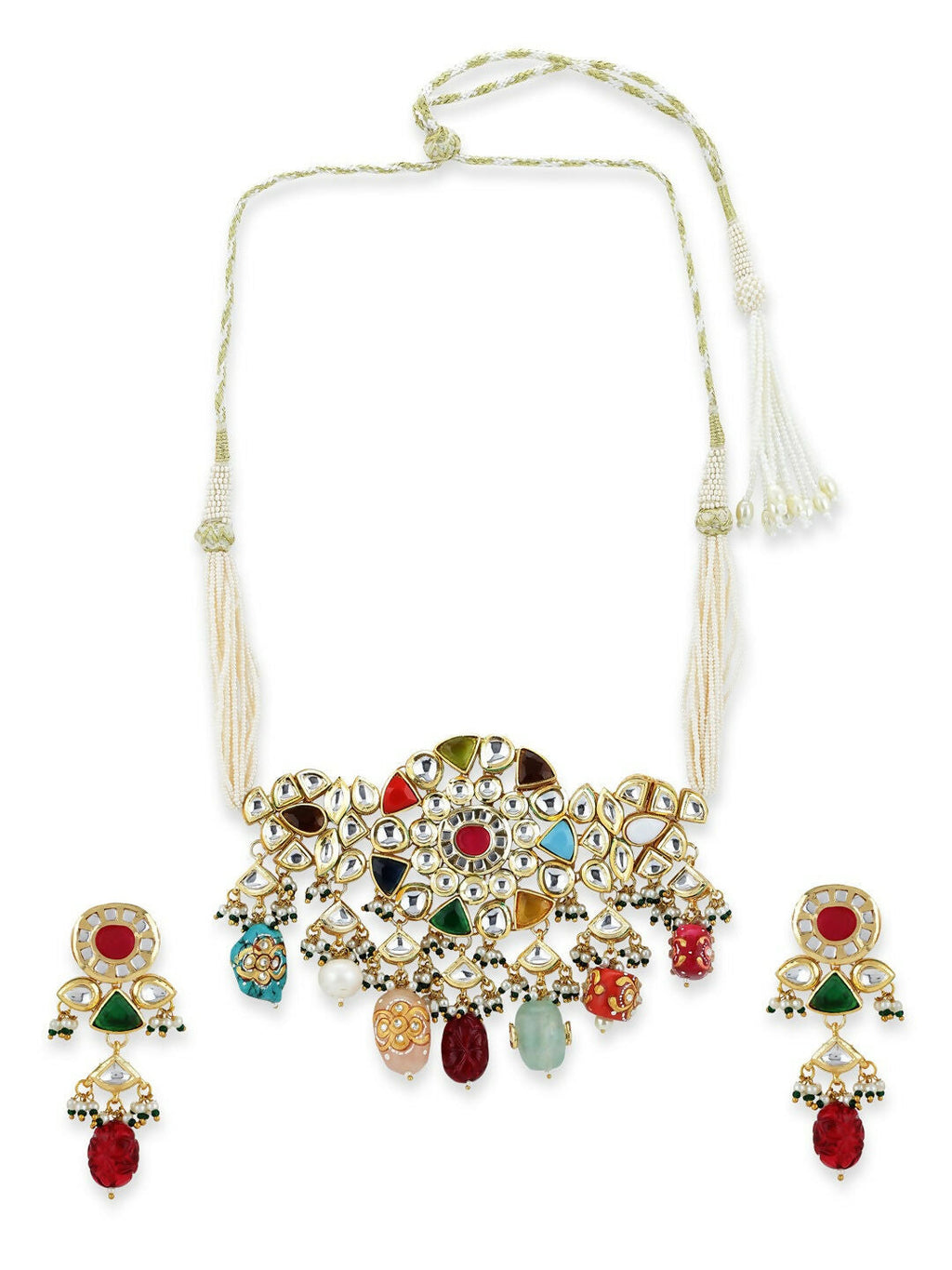 Maharani Multi Kundan Choker with Earrings- Ruby Raang | Grocsy