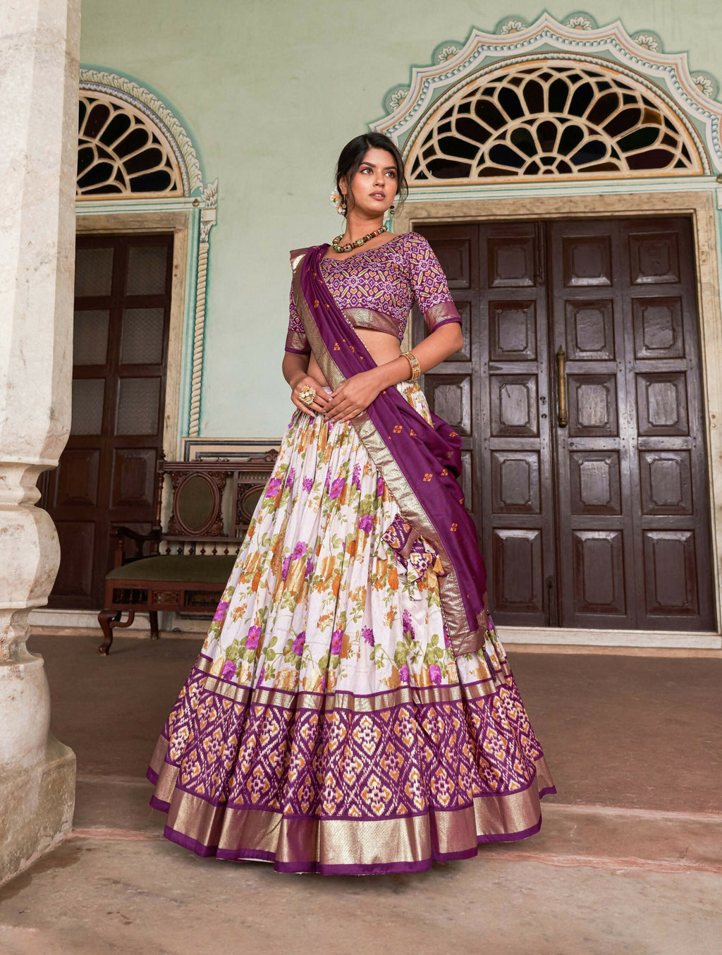 Vastranavya Exquisite Tussar Silk Lehenga Set With Perfect Floral And Patola Print Design Lehenga Choli - Wine | Grocsy