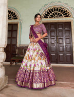 Vastranavya Exquisite Tussar Silk Lehenga Set With Perfect Floral And Patola Print Design Lehenga Choli - Wine | Grocsy
