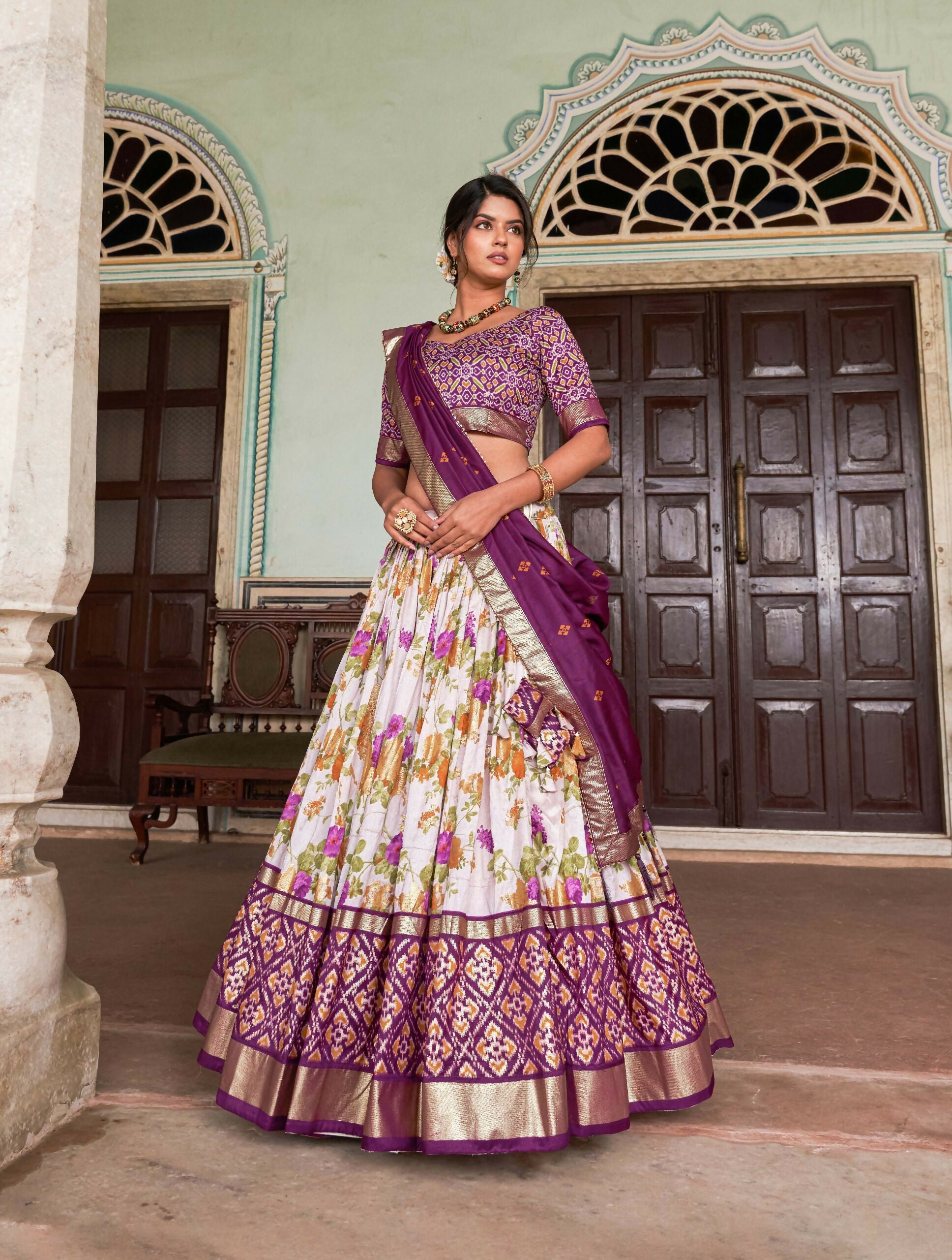Vastranavya Exquisite Tussar Silk Lehenga Set With Perfect Floral And Patola Print Design Lehenga Choli - Wine | Grocsy
