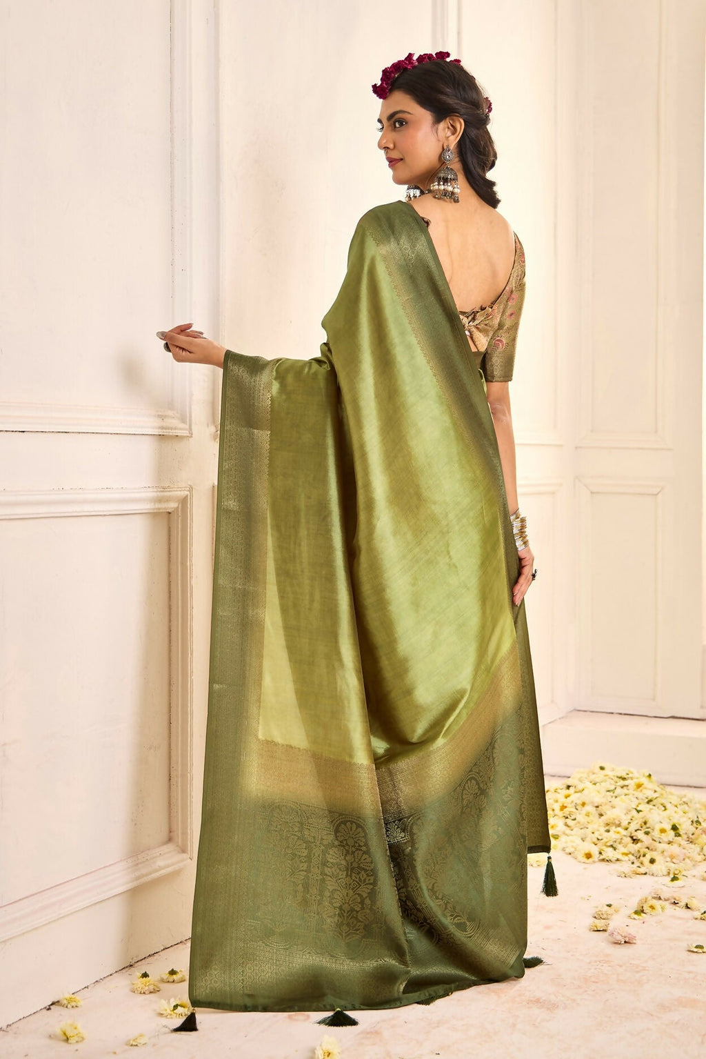 Joban Fashion Satin Silk With Zari Border Parrot Green Colored Designer Pallu Saree | Grocsy