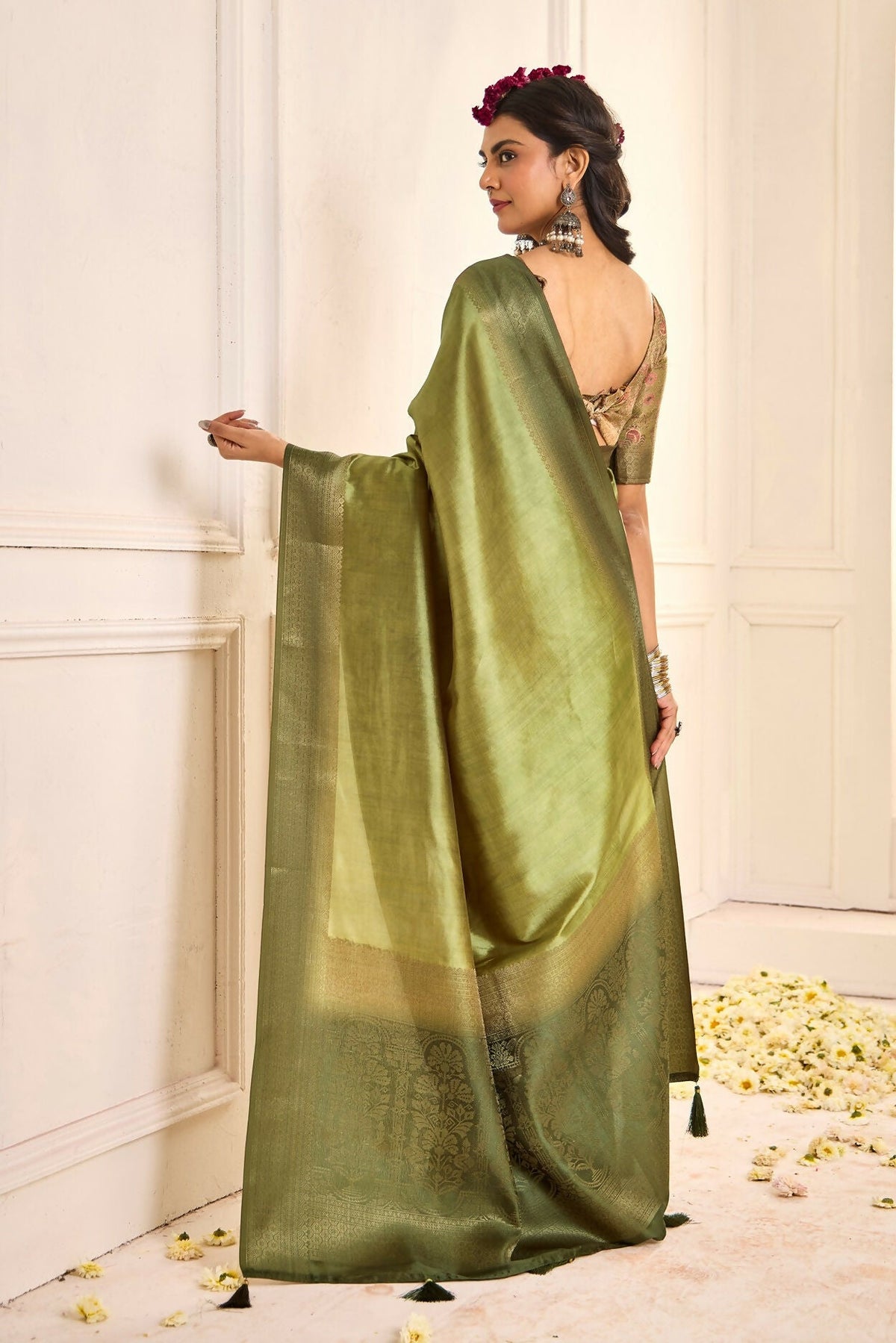 Joban Fashion Satin Silk With Zari Border Parrot Green Colored Designer Pallu Saree | Grocsy