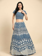 Teal Georgette Thread Embroidered Lehenga Choli with Dupatta - Tanya | Grocsy