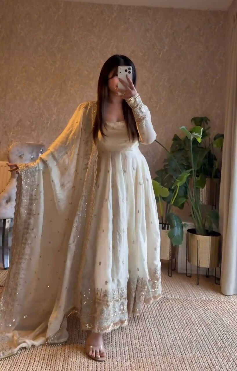 Teeya Creation White Fendy Silk Designer Heavy Work Wedding Wear Long Gown | Grocsy