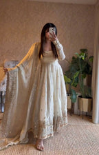 Teeya Creation White Fendy Silk Designer Heavy Work Wedding Wear Long Gown | Grocsy