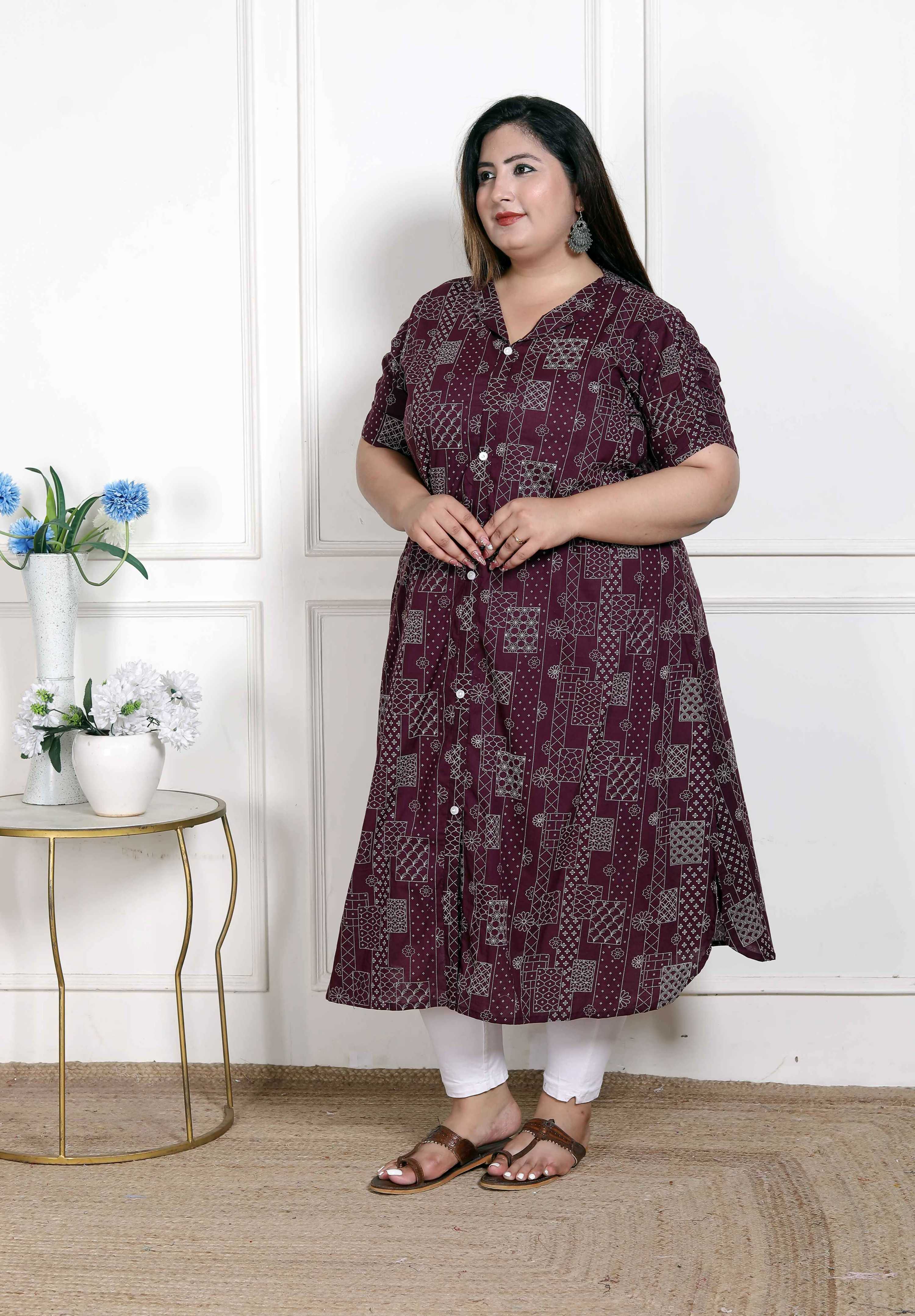 Miravan Women's Plus Size Wine Mandarin Neck Floral Printed A-Line Party wear Kurta | Grocsy